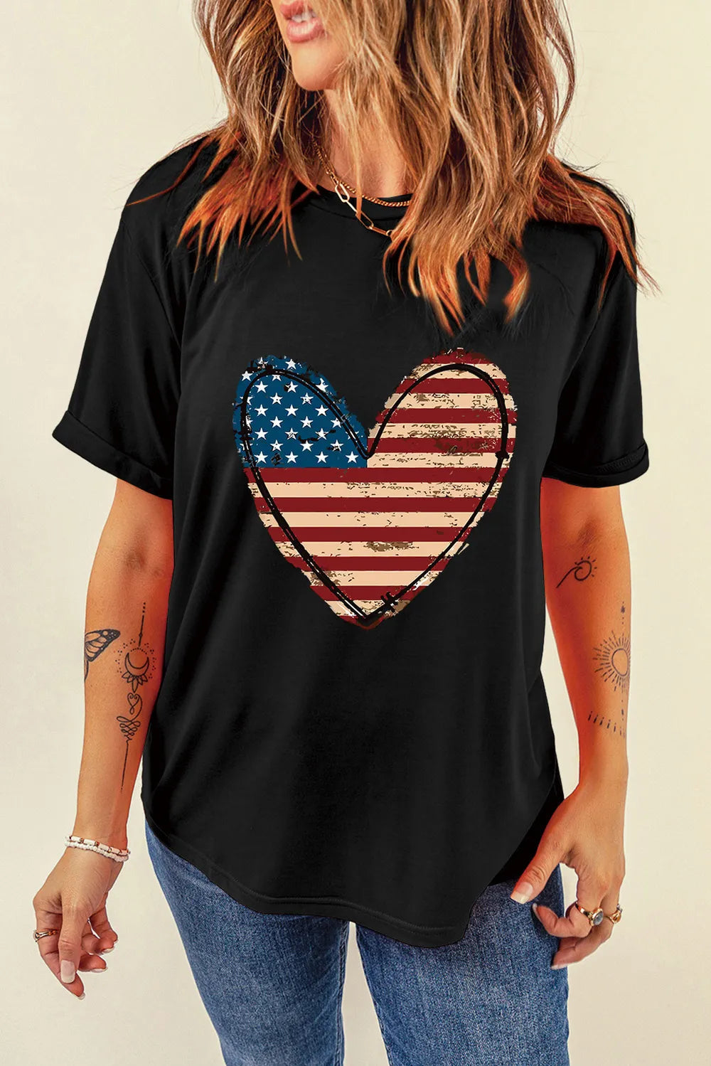 Stars and Stripes Heart Design Round Neck Short Sleeve Women's T-Shirt by SYNZ