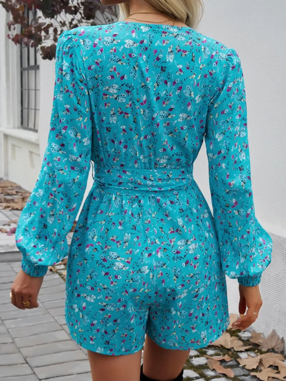 Tied Surplice Long Sleeve Romper With Sheer Detail - Southern Shores Clothing