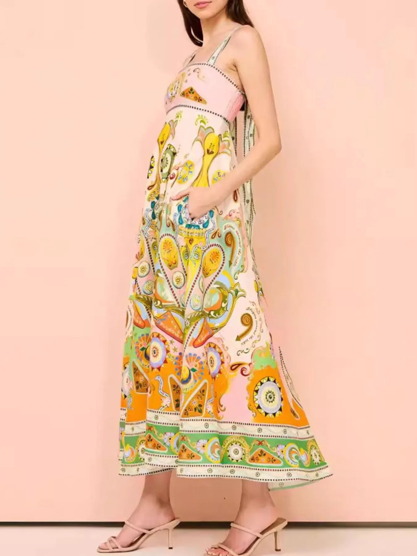 Paisley Print Square Neck Dress With Pockets And Smocked Bodice - Southern Shores Clothing