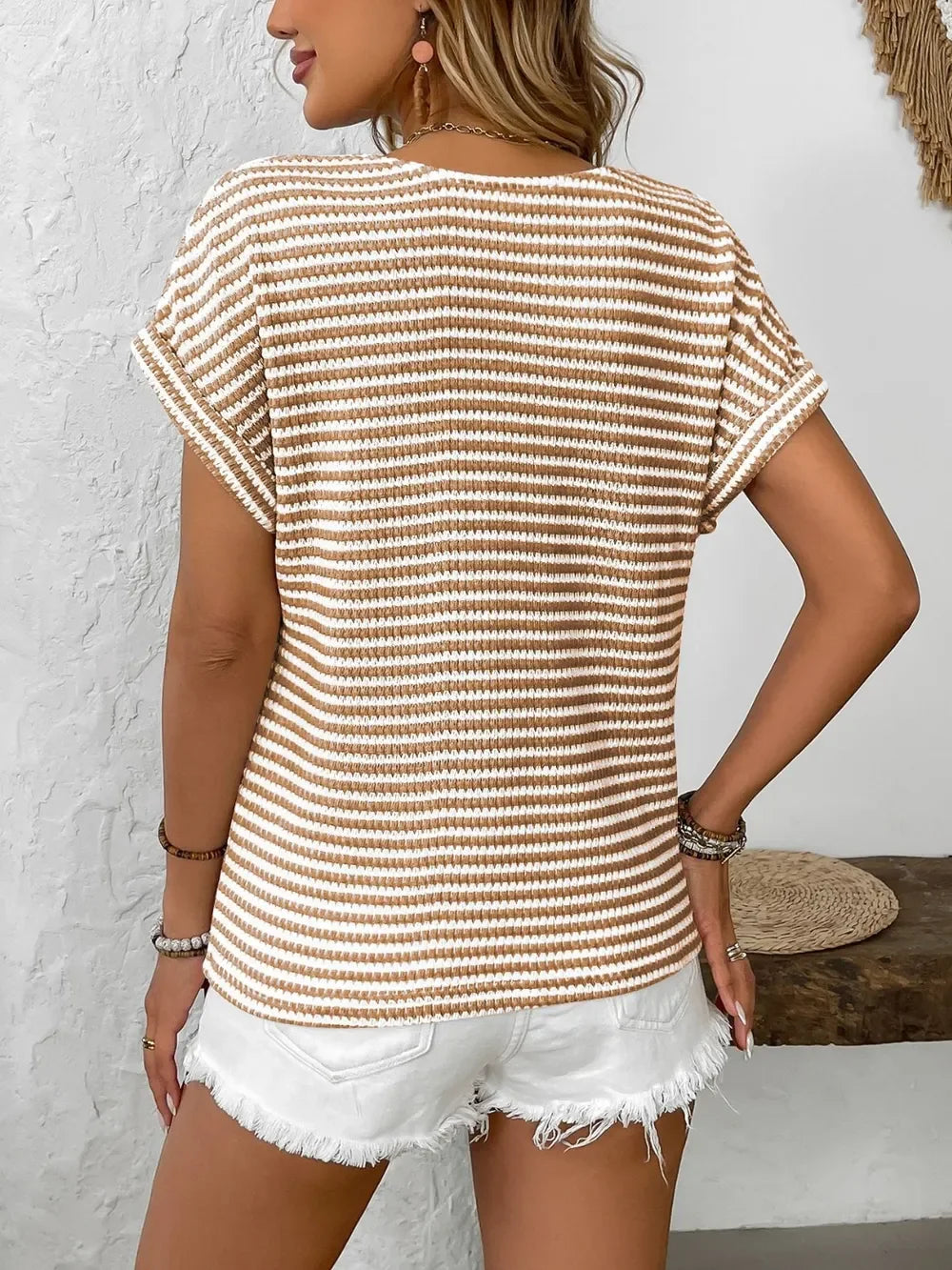 Striped V Neck Short Sleeve Buttoned Stretch T Shirt - Southern Shores Clothing