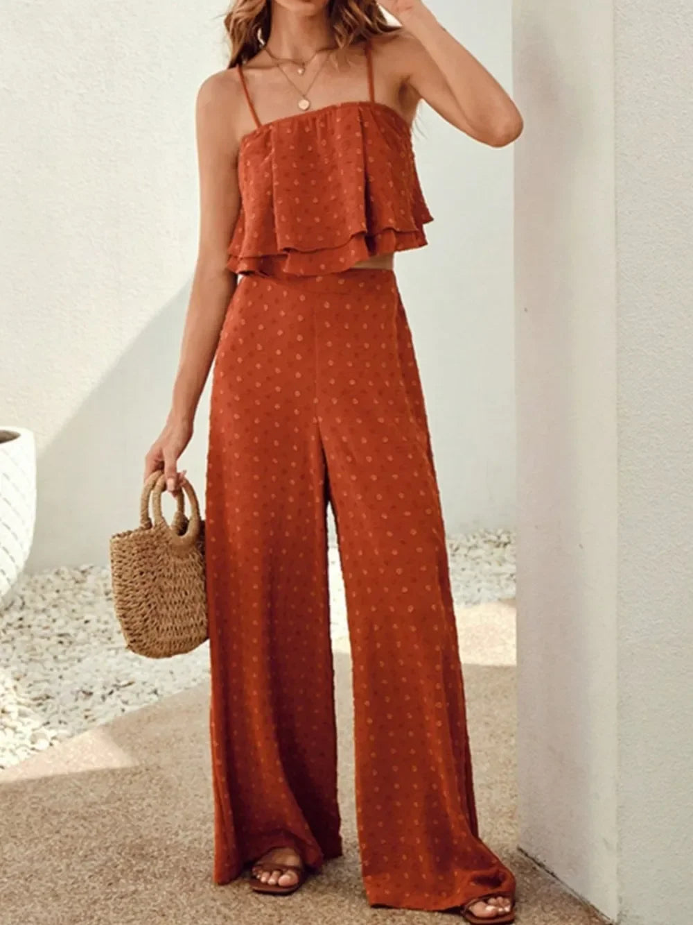 Swiss Dot Layered Cami And Wide Leg Pants Set Polyester Blend - Southern Shores Clothing