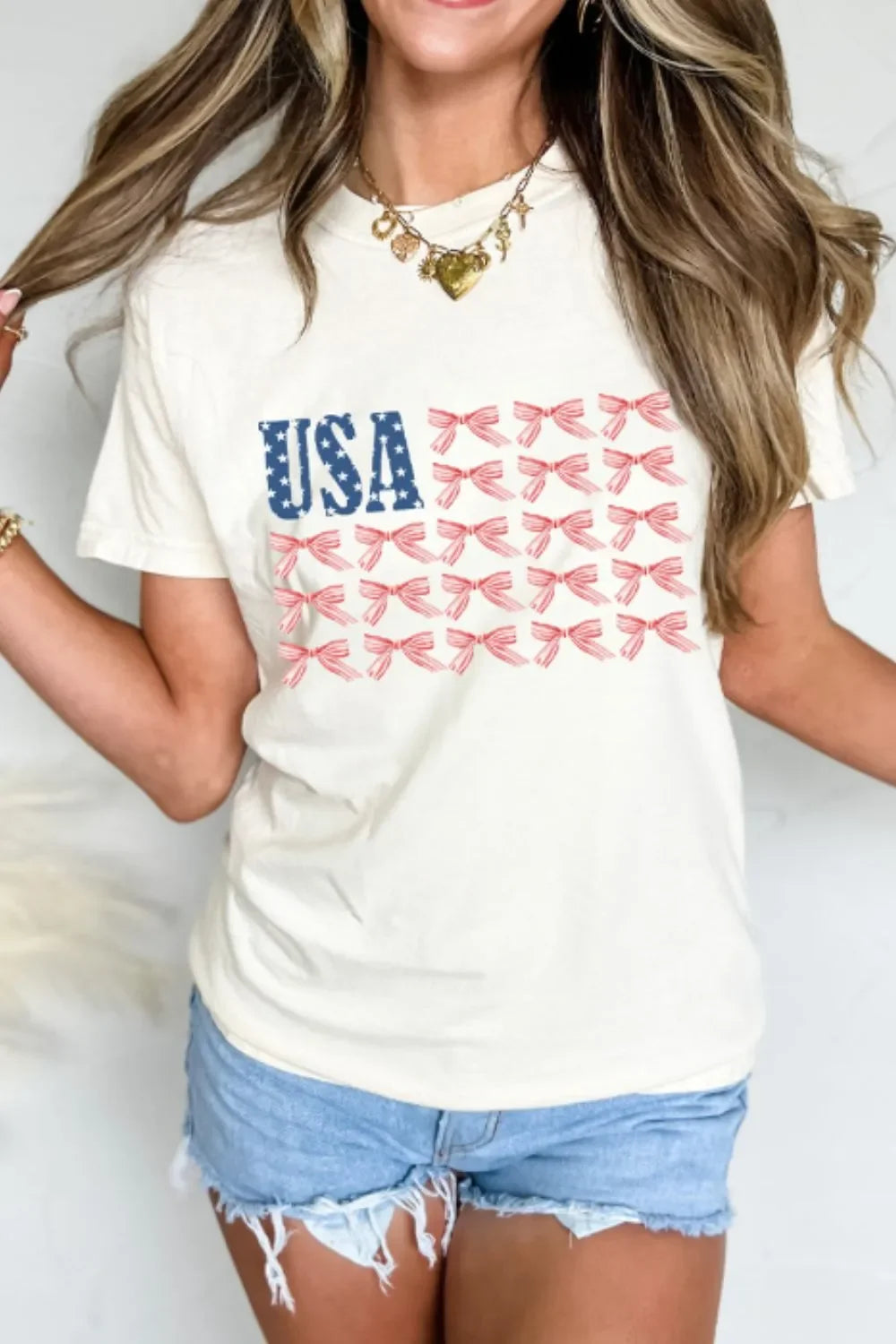 USA Flag Bow Knot Print Round Neck T Shirt - Southern Shores Clothing