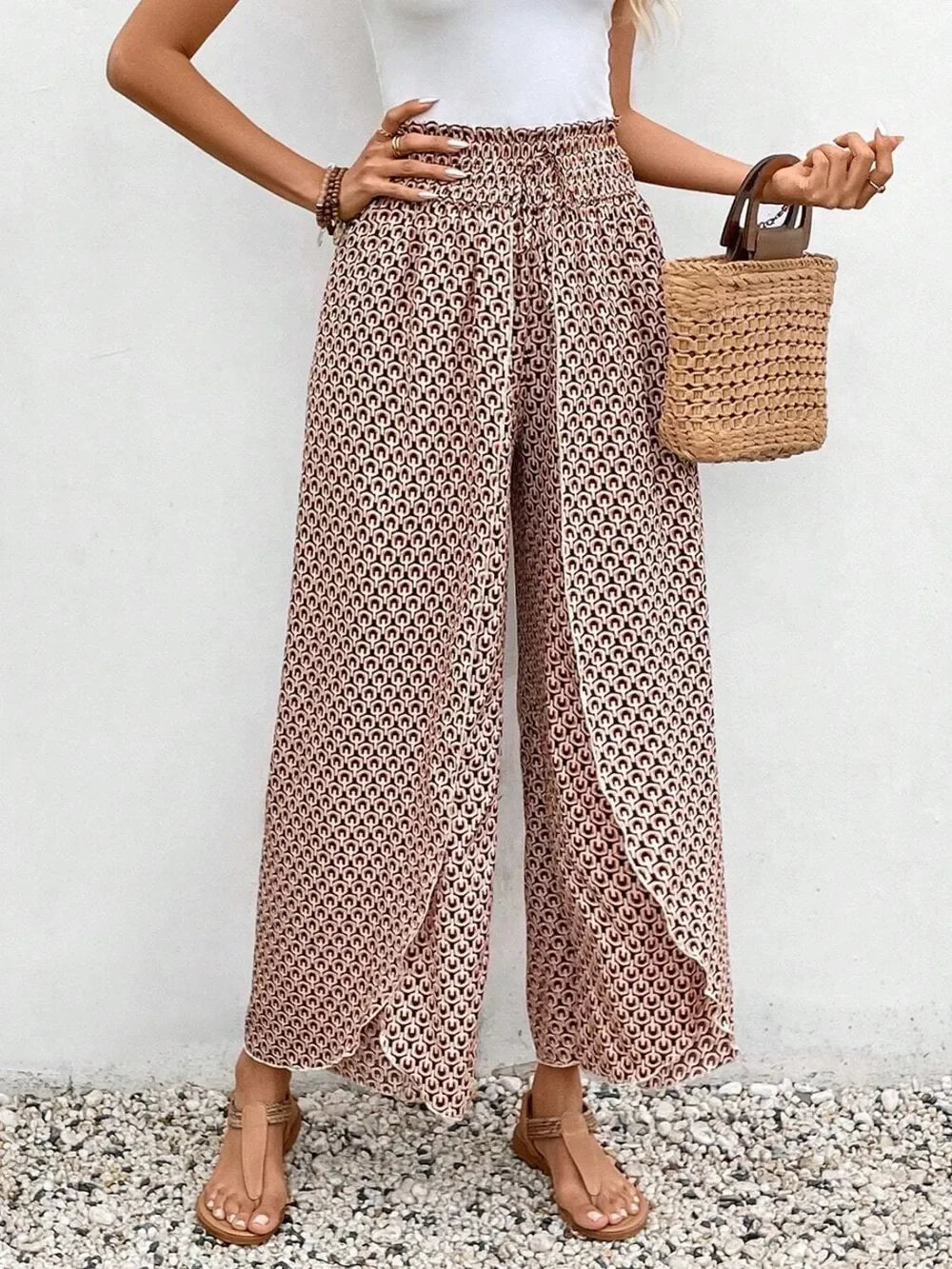 Floral Print Tie-Waist Wide Leg Pants With Front Slit Detail - Southern Shores Clothing