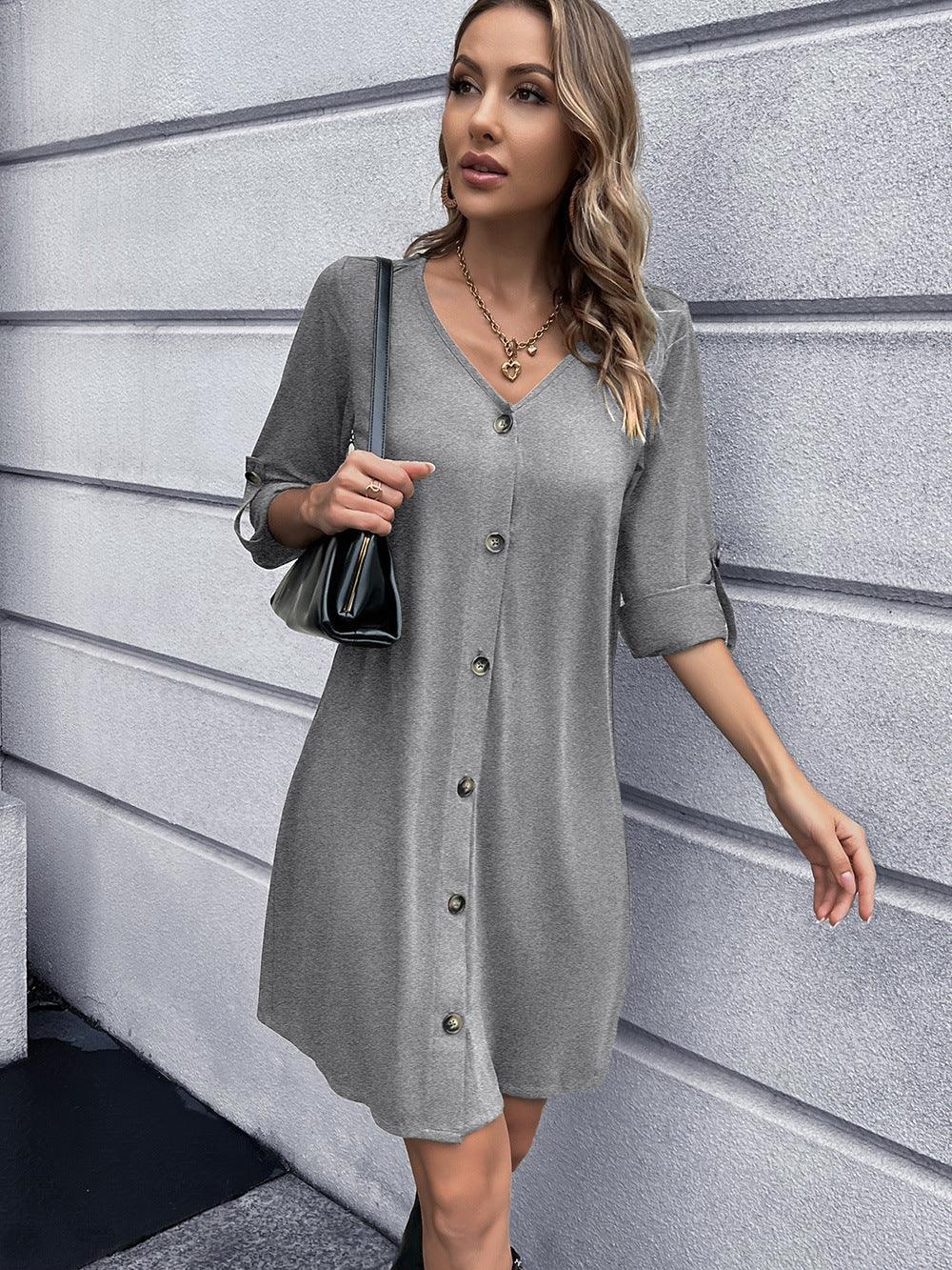 Casual Button Down V Neck Mini Dress Solid - Southern Shores Clothing