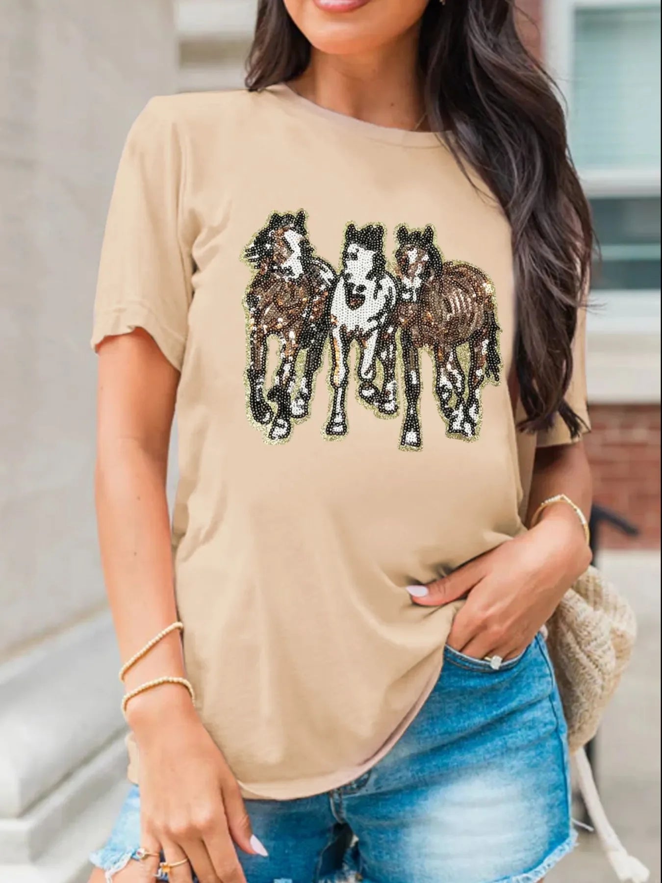 Sequin Horses Patched Casual Crewneck T Shirt With Stretch - Southern Shores Clothing