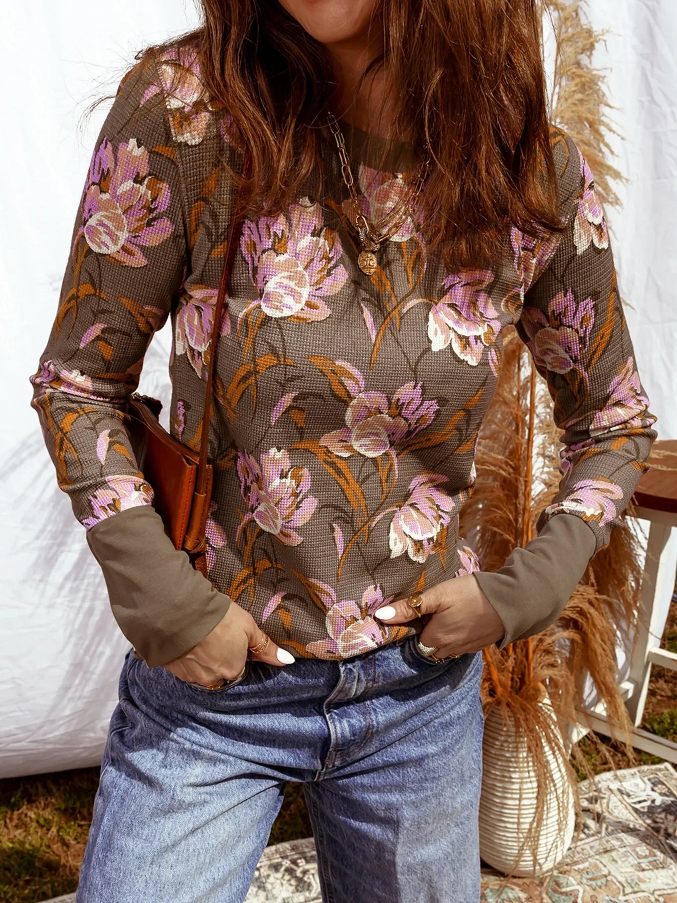 Floral Print Waffle Textured Long Sleeve Top - Southern Shores Clothing