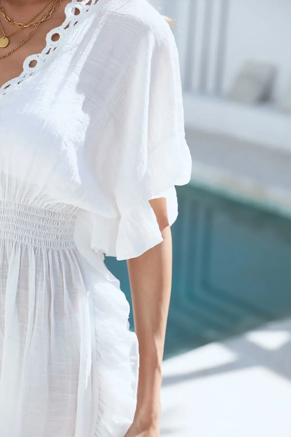 Ruffled Smocked V-Neck One Size Cover-Up - Southern Shores Clothing