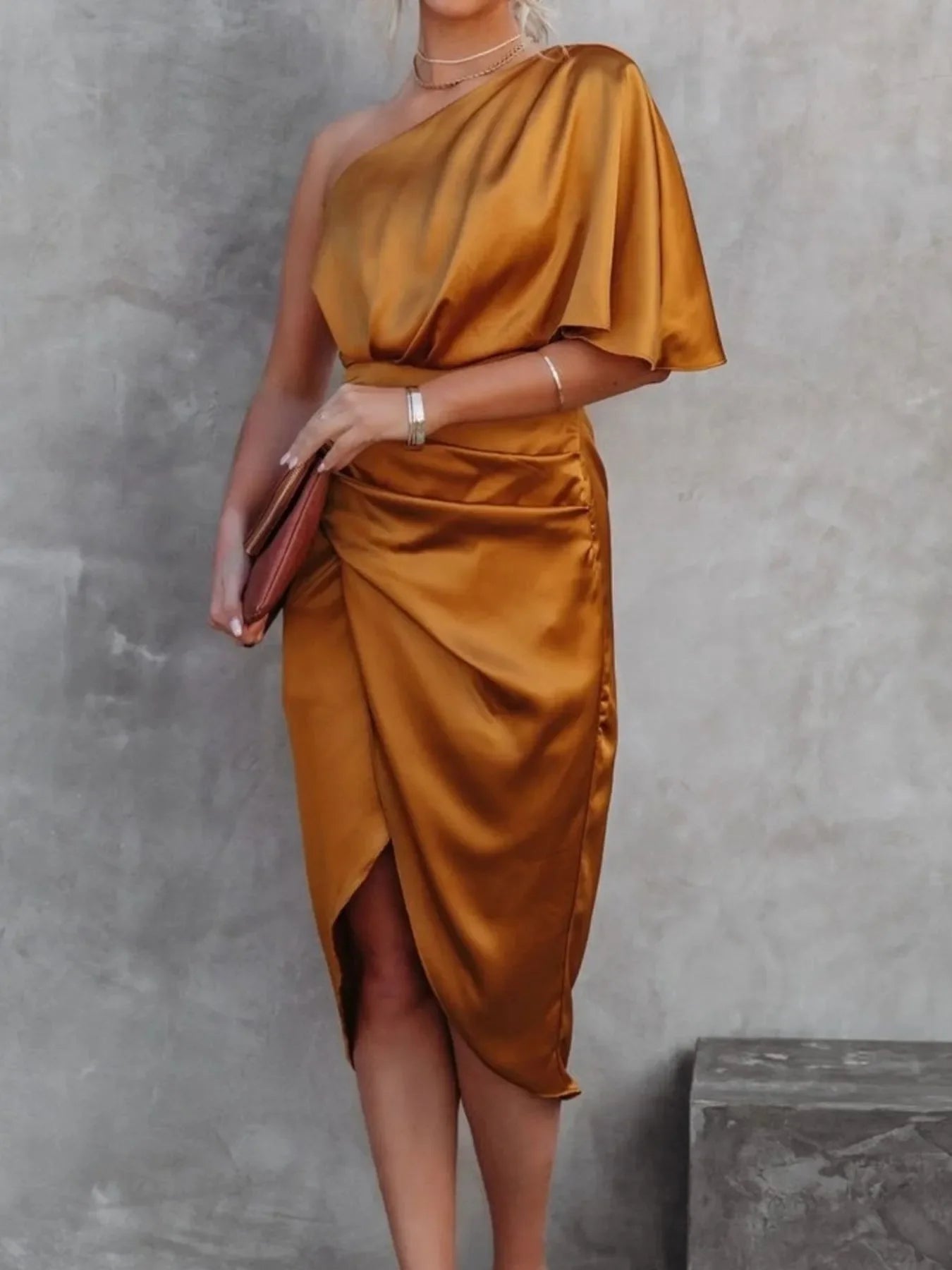 One-Shoulder Satin Wrap Dress With Side Slit - Southern Shores Clothing
