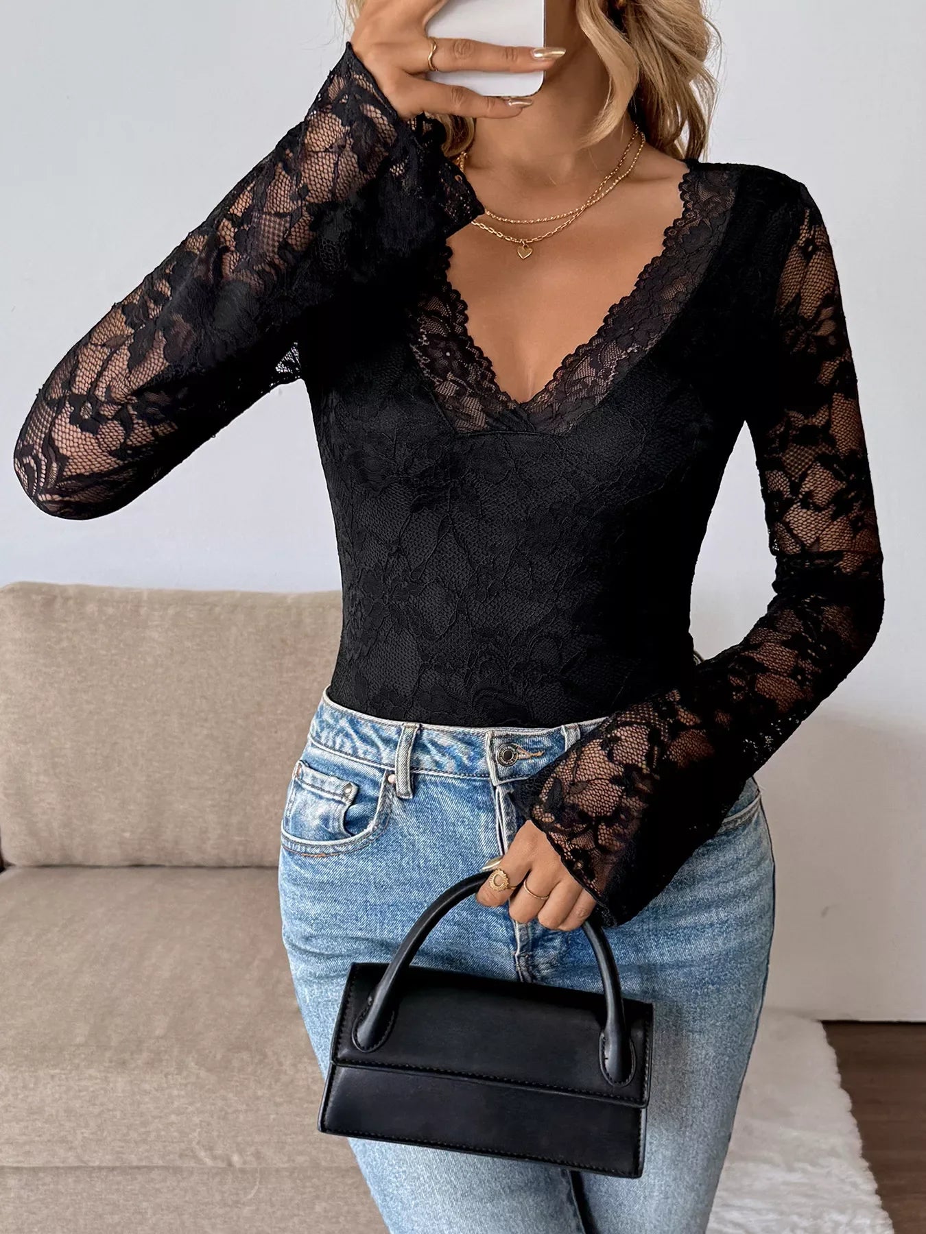 Lace V-Neck Long Sleeve T-Shirt - Southern Shores Clothing