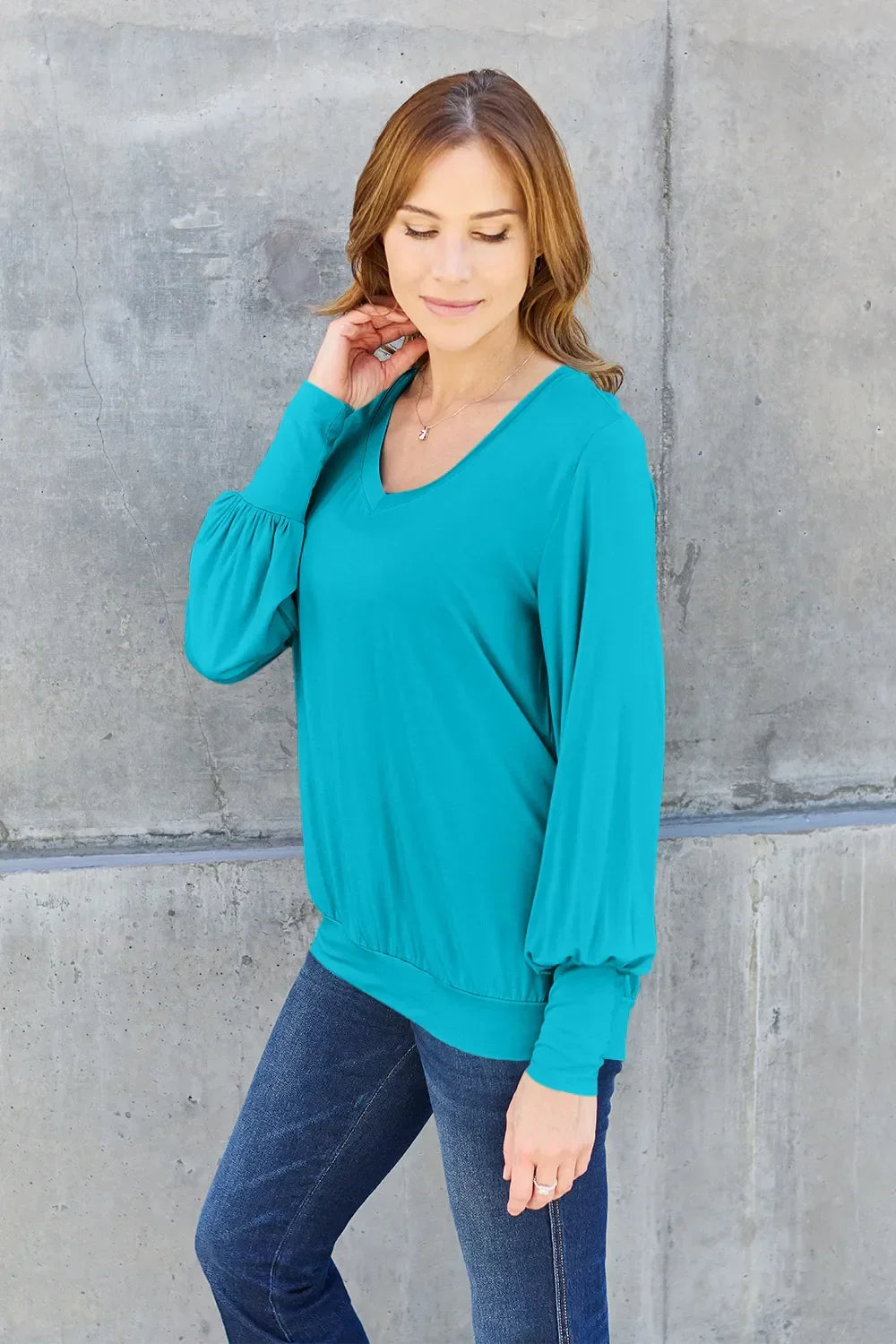 V Neck Lantern Sleeve Top Lightweight Stretch - Southern Shores Clothing