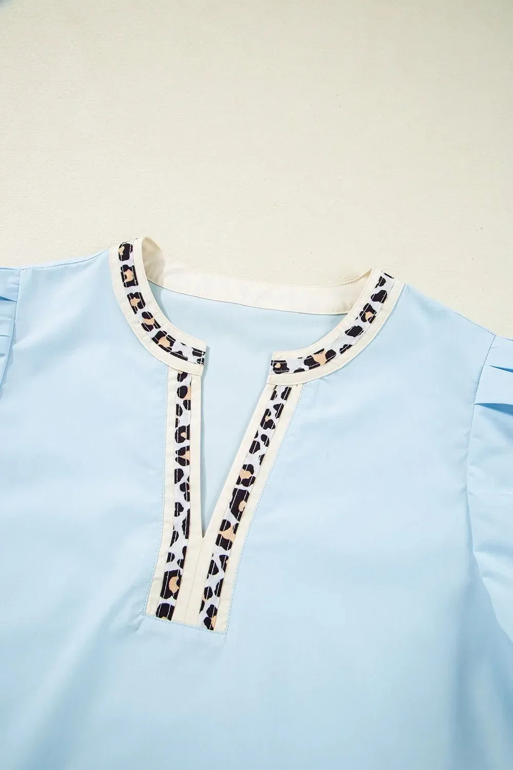 Contrast Leopard Trim Split Neck Puff Sleeve Blouse - Southern Shores Clothing