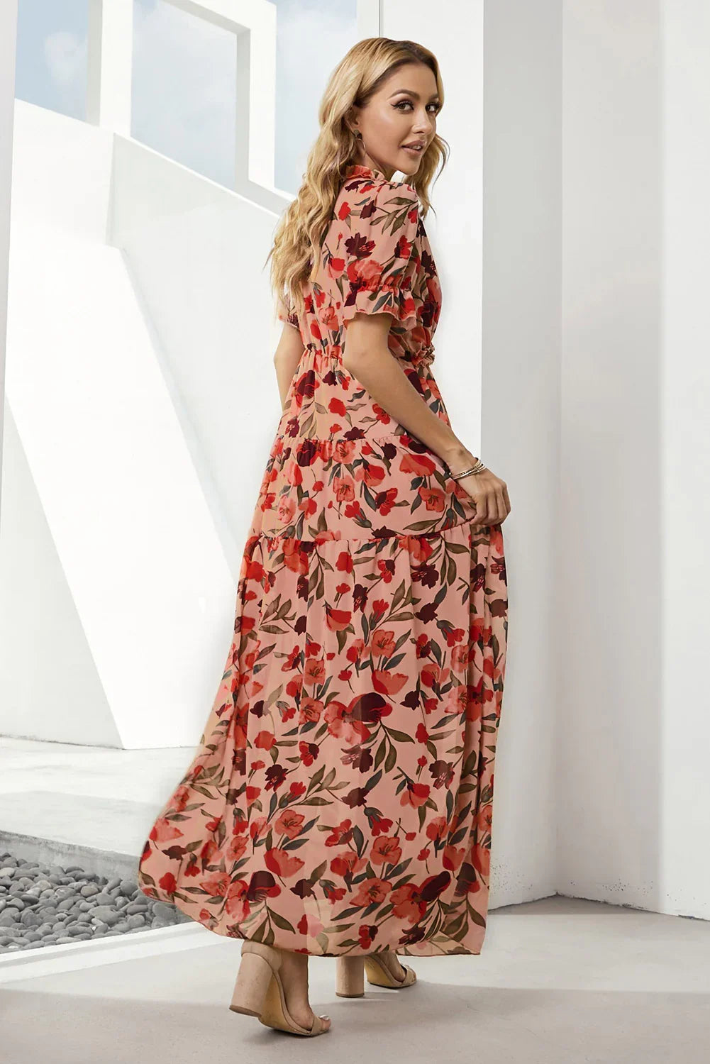 Floral V Neck Short Flounce Sleeve Maxi Dress - Southern Shores Clothing