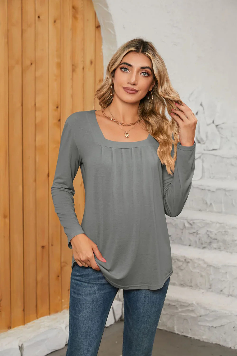 Square Neck Stretch Long Sleeve T Shirt Everyday - Southern Shores Clothing