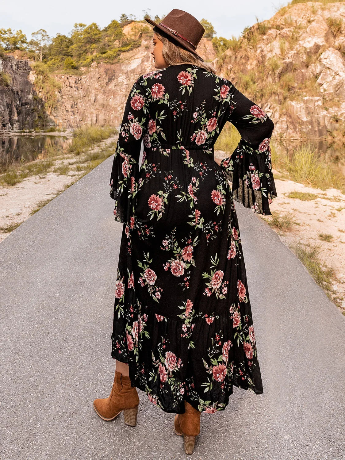 Plus Size Floral Flare Sleeve Dress - Southern Shores Clothing