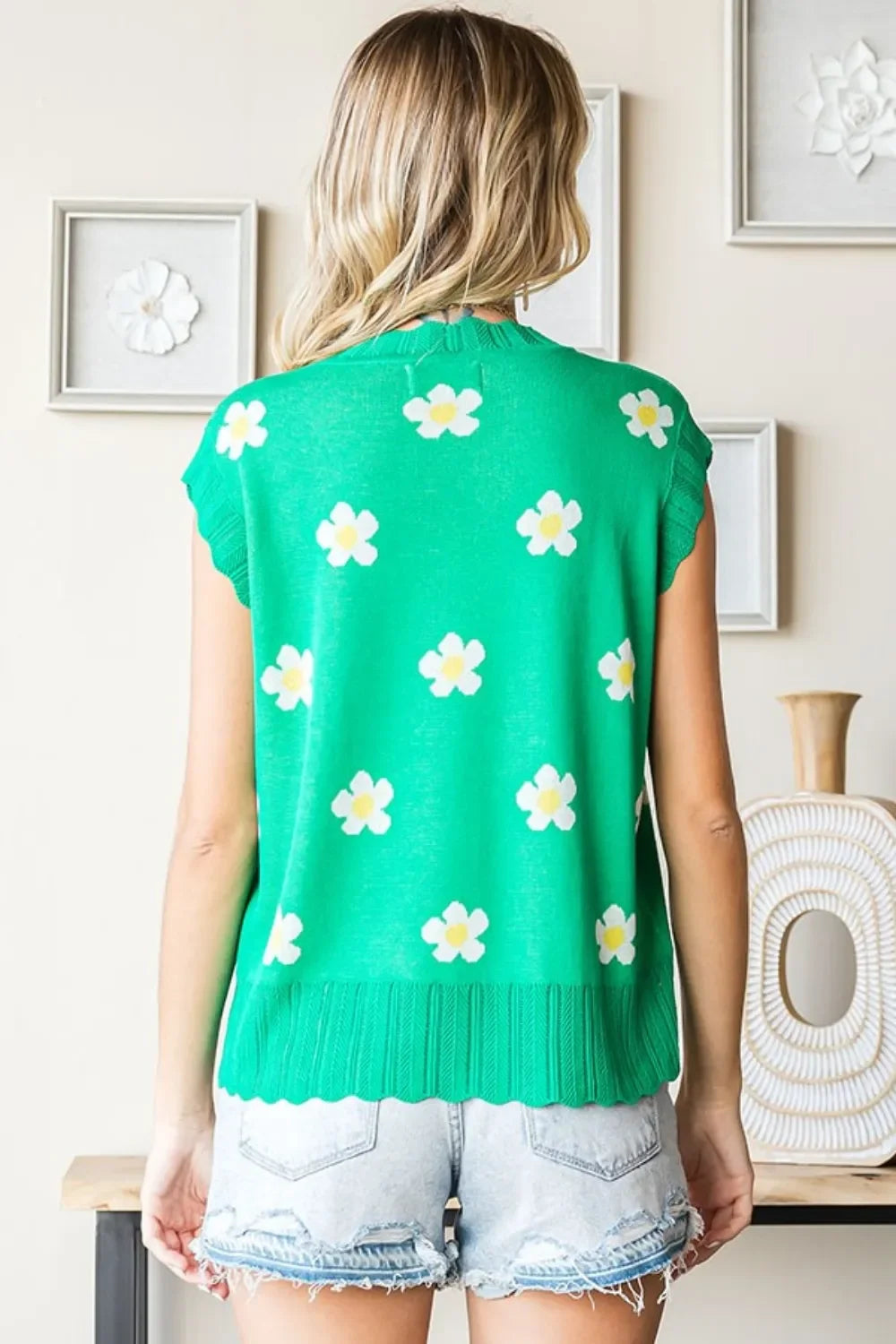 Floral Pattern Round Neck Knit Vest For Layering Outfit - Southern Shores Clothing