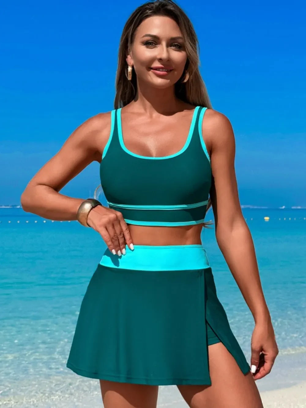 Two-Piece Swim Set With Scoop Neck Top And Skort Lightweight - Southern Shores Clothing