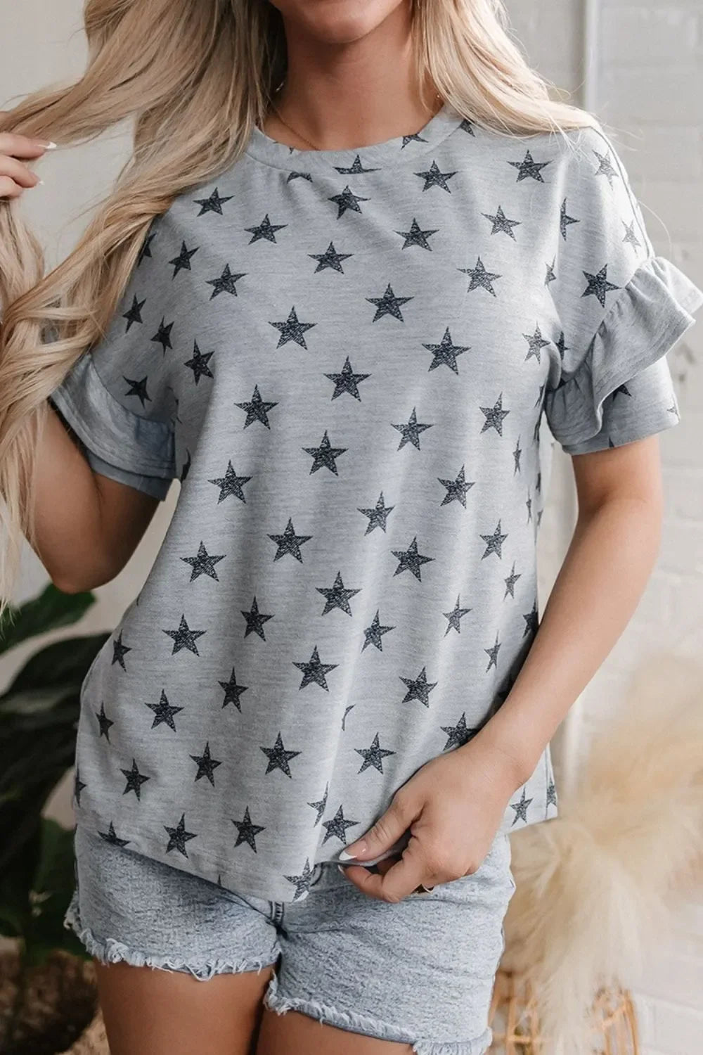 Star Print Tiered Ruffled Sleeve Crew Neck T Shirt - Southern Shores Clothing