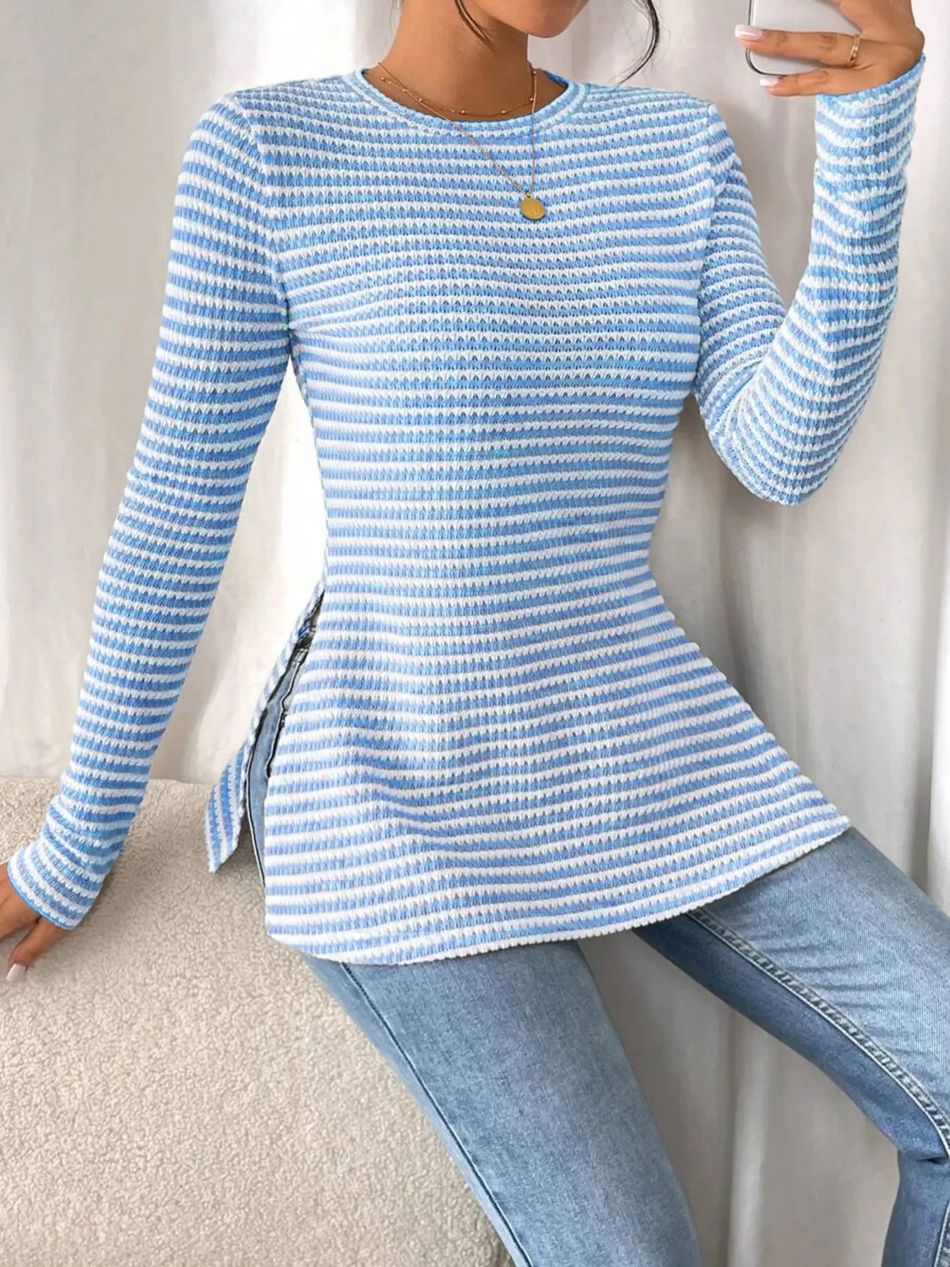 Side Slit Striped Long Sleeve T-Shirt - Southern Shores Clothing
