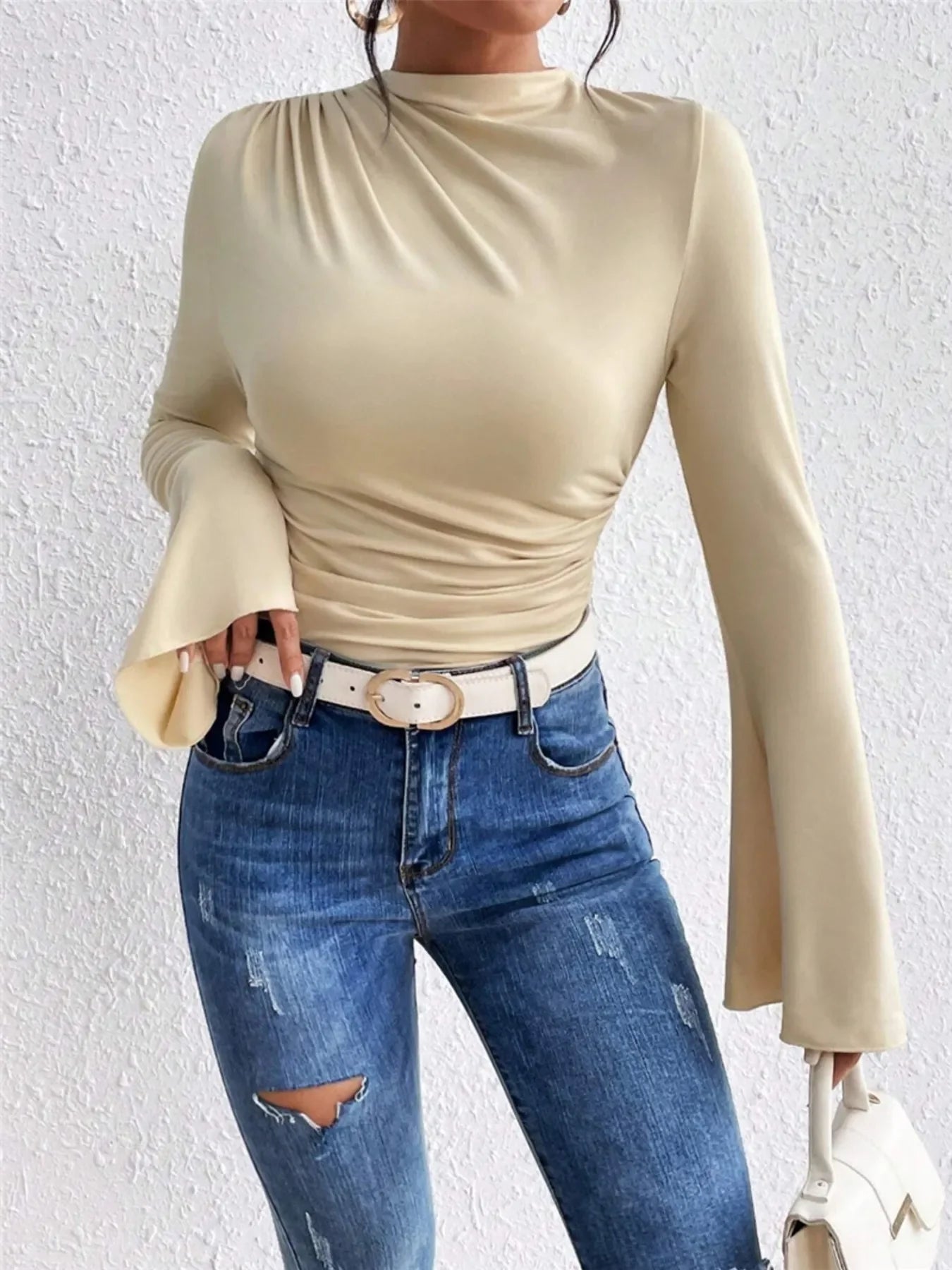 Bell Sleeve Ruched Fitted T-Shirt with Mock Neck - Southern Shores Clothing