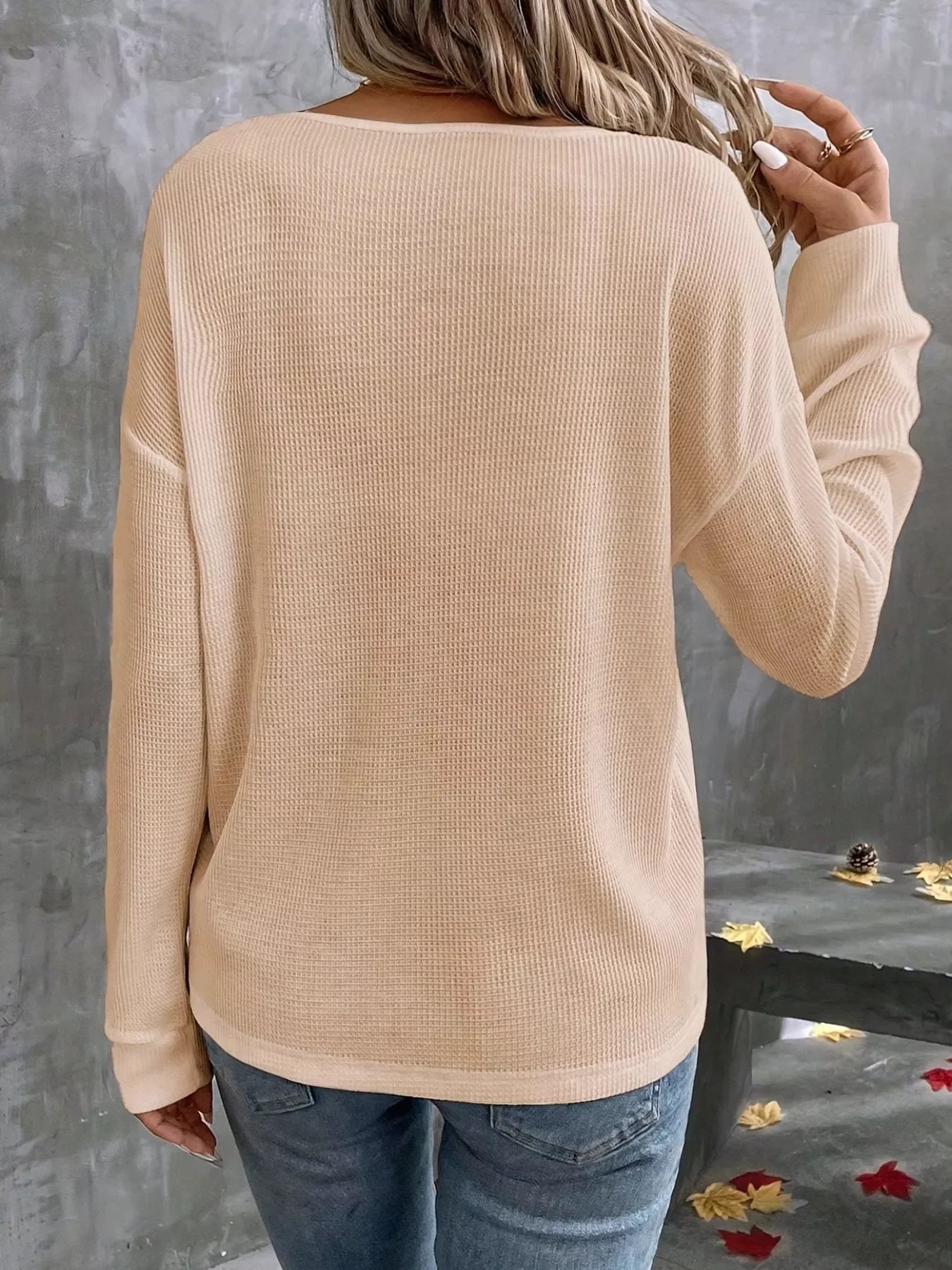 Plus Size V-Neck Long Sleeve Waffle Knit Shirt - Southern Shores Clothing