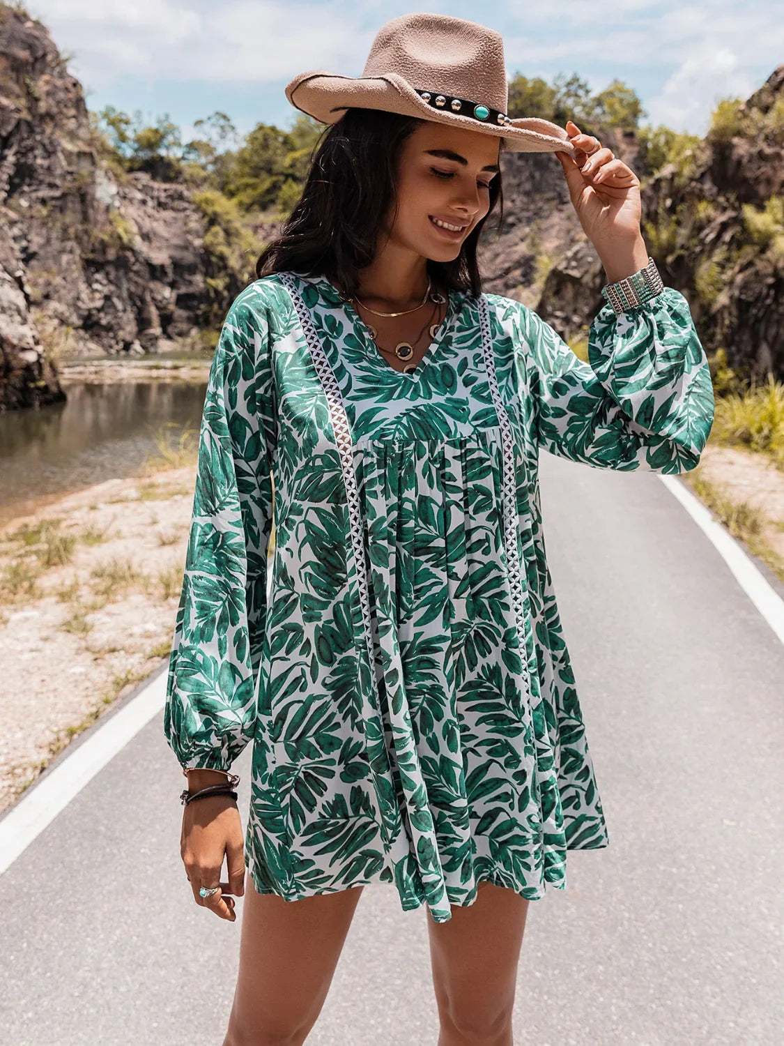 Long Sleeve V-Neck Mini Dress - Southern Shores Clothing