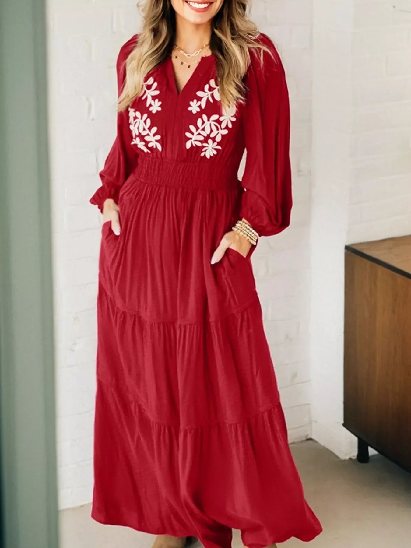 Embroidered Cinched Waist Tiered Long Sleeve Maxi Dress - Southern Shores Clothing