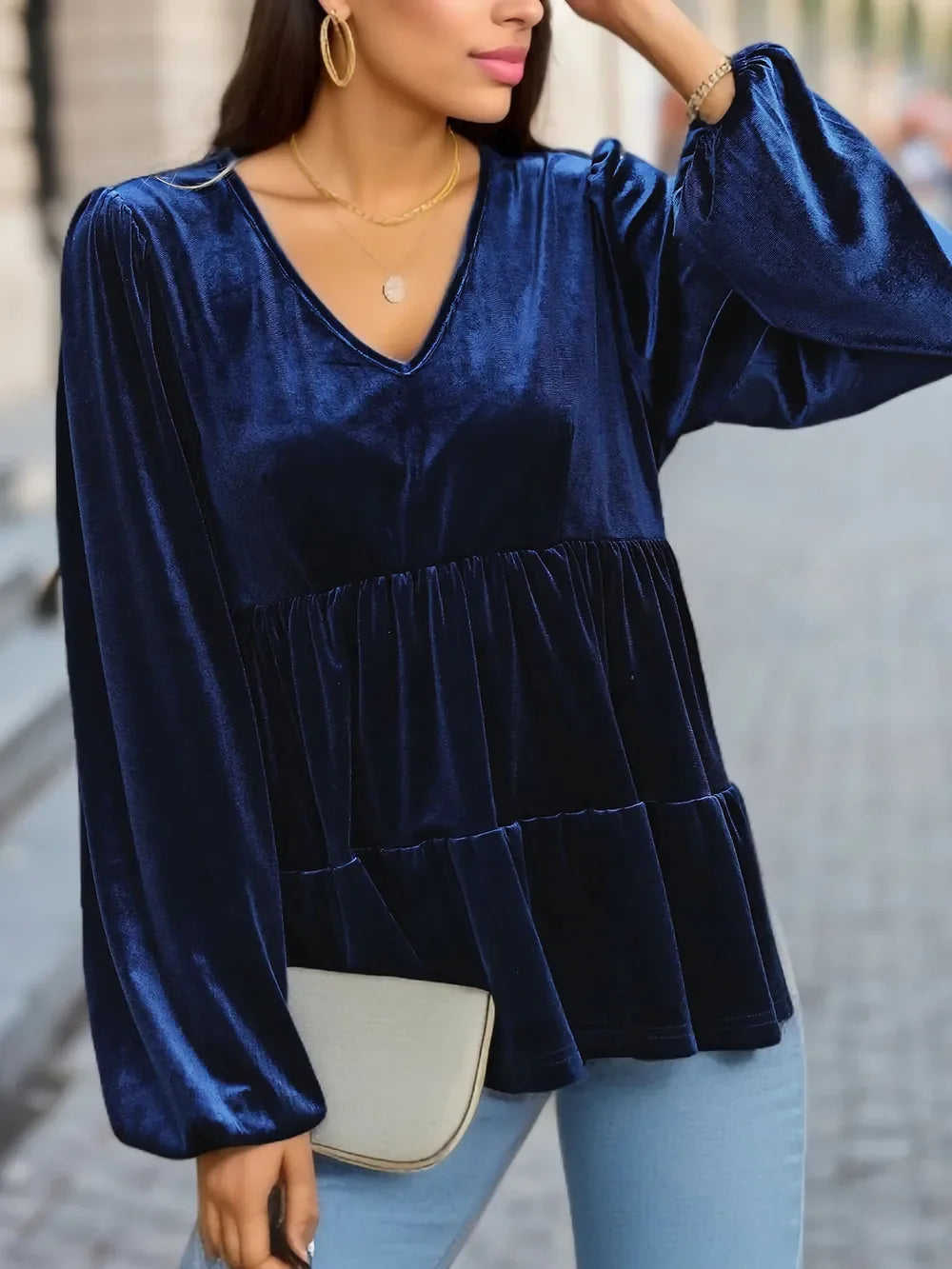 V-Neck Balloon Sleeve Peplum Blouse Polyester Blend - Southern Shores Clothing