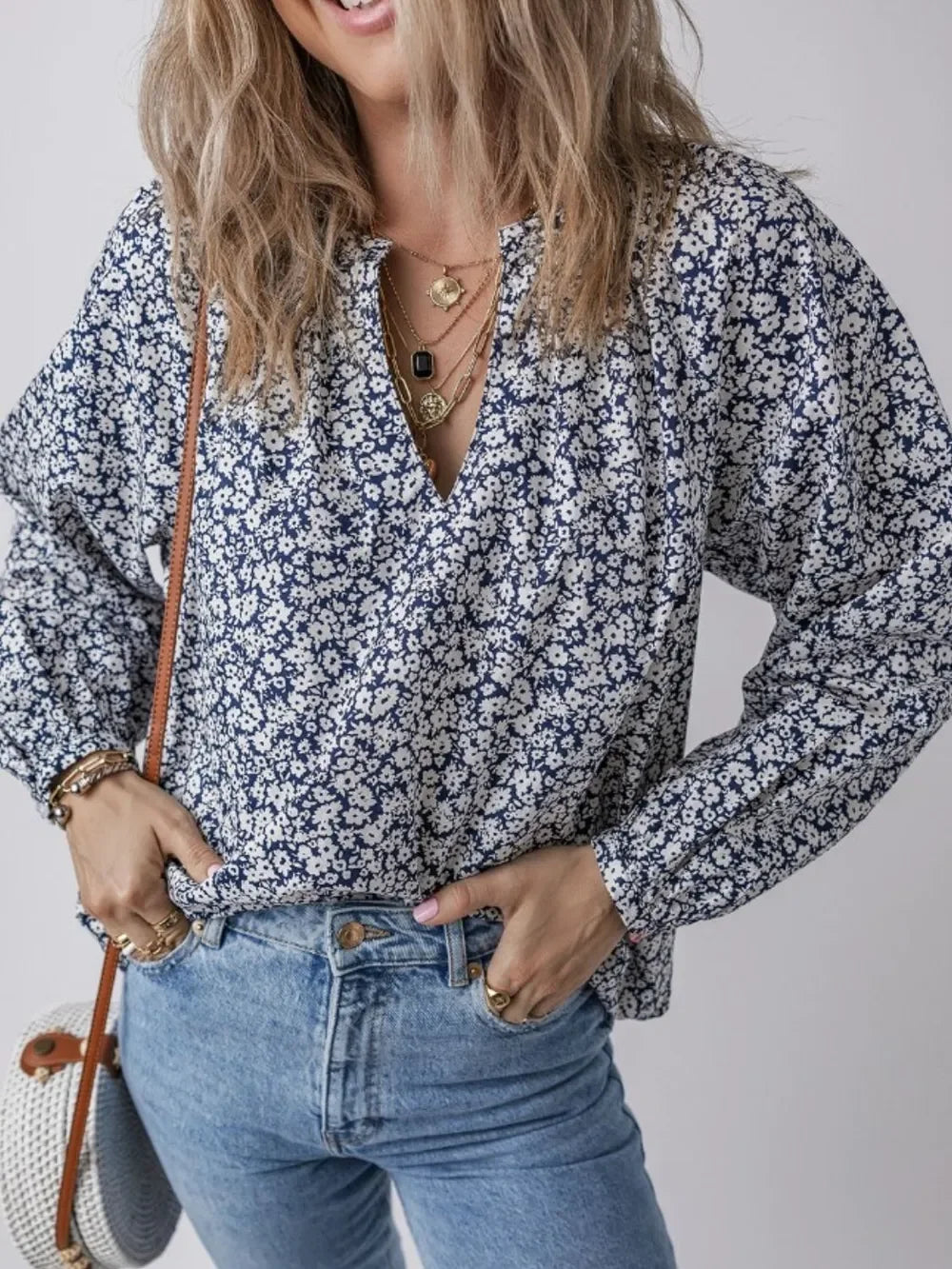 Elegant Floral Print Notched Long Sleeve Cotton Blouse - Southern Shores Clothing