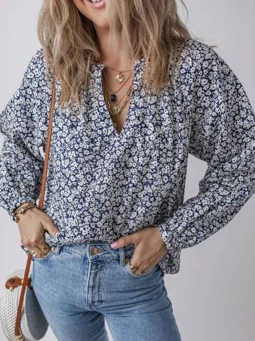 Elegant Floral Print Notched Long Sleeve Cotton Blouse - Southern Shores Clothing