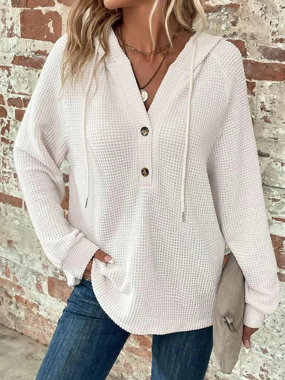 Waffle Knit Long Sleeve Drawstring Hooded Top - Southern Shores Clothing