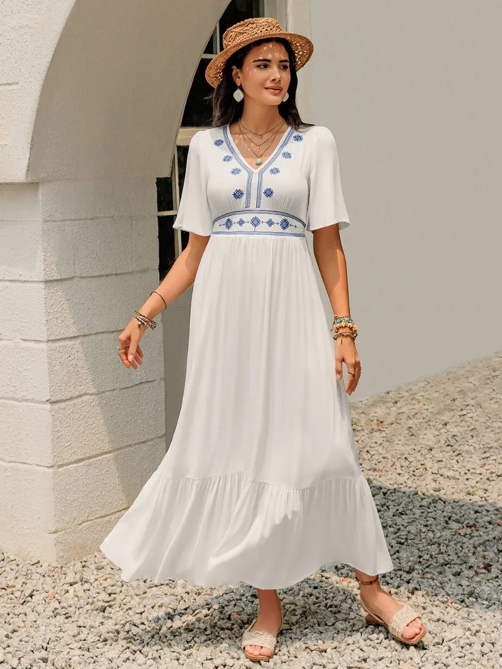 Ruffled Hem V Neck Flutter Sleeve Dress With Embroidered Trim - Southern Shores Clothing