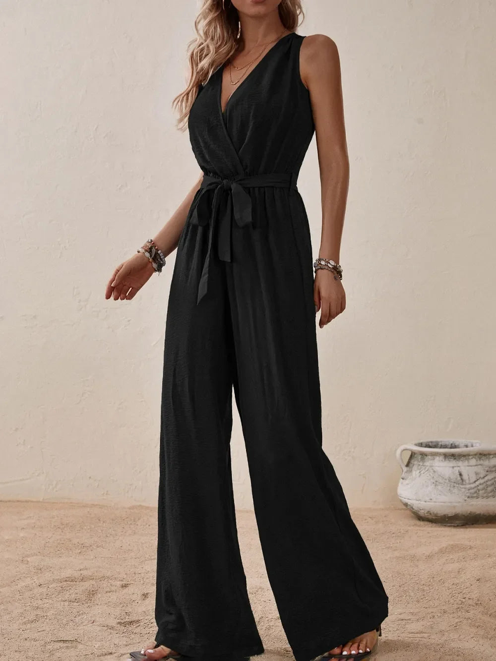 Tied Surplice Sleeveless Wide Leg Jumpsuit - Southern Shores Clothing