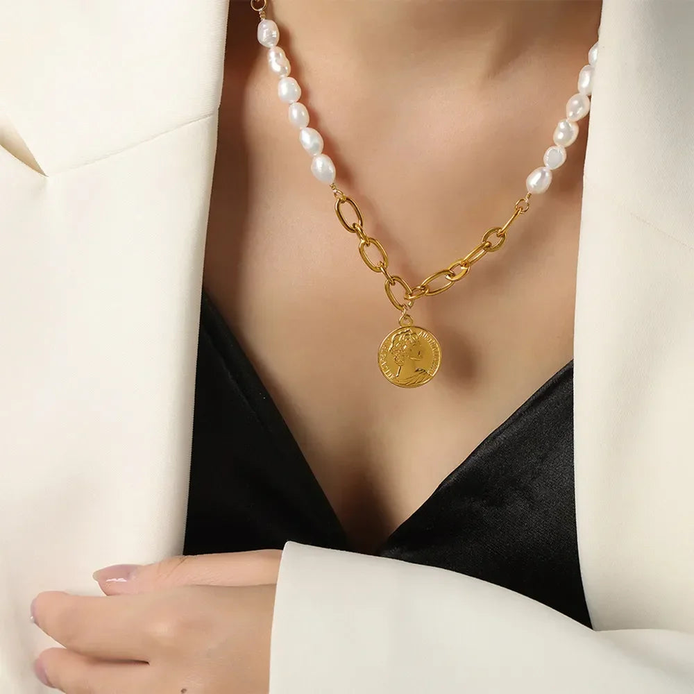 Pearl Coin Pendant Necklace With Titanium Chain Gold Plated - Southern Shores Clothing