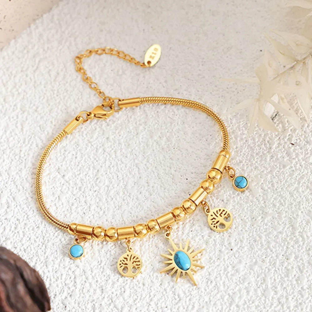 Gold Plated Titanium Steel Charm Bracelet Turquoise Accents - Southern Shores Clothing