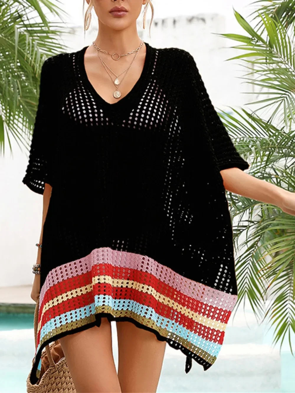 Slit Openwork V-Neck Half Sleeve Cover-Up One Size - Southern Shores Clothing