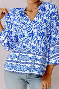 Printed Tie Neck Three Quarter Sleeve Blouse - Southern Shores Clothing