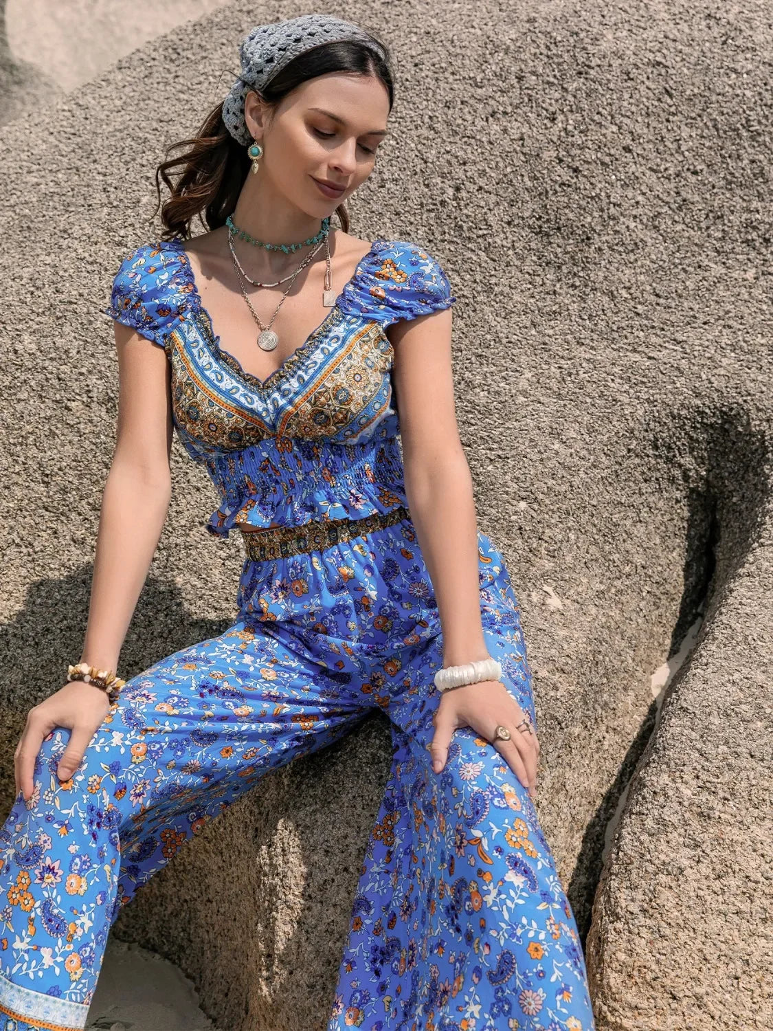 Printed V-Neck Top And Pants Set Floral Print And Ruffle Trim - Southern Shores Clothing