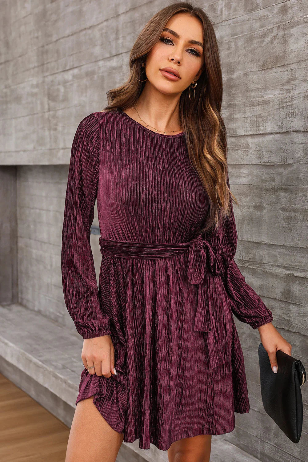Casual Everyday Round Neck Tie Front Long Sleeve Dress - Southern Shores Clothing