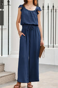 Ruffled Cap Sleeve Wide Leg Jumpsuit With Pockets - Southern Shores Clothing