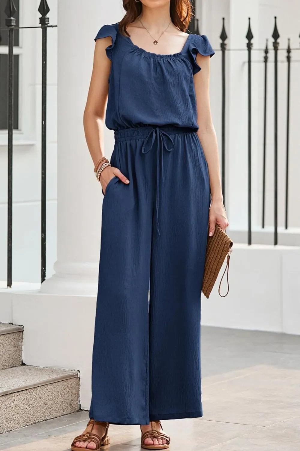Ruffled Cap Sleeve Wide Leg Jumpsuit With Pockets - Southern Shores Clothing