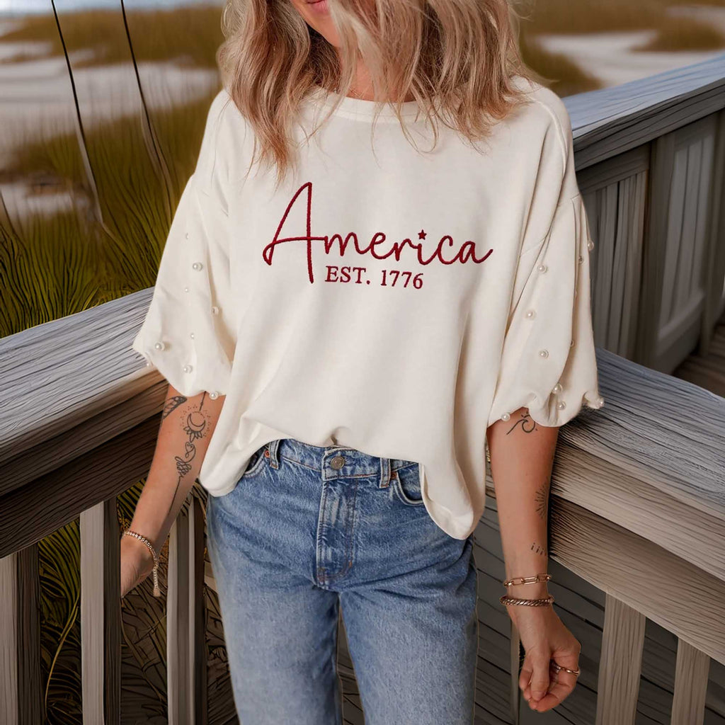 America Est 1776 Women's Embroidered Pearl Beaded Sleeve T-Shirt