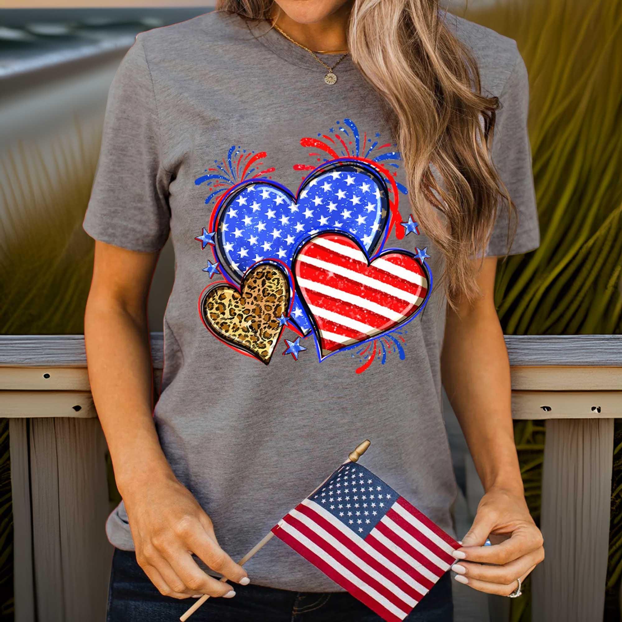 Heart Graphic Round Neck T Shirt Leopard Accent - Southern Shores Clothing