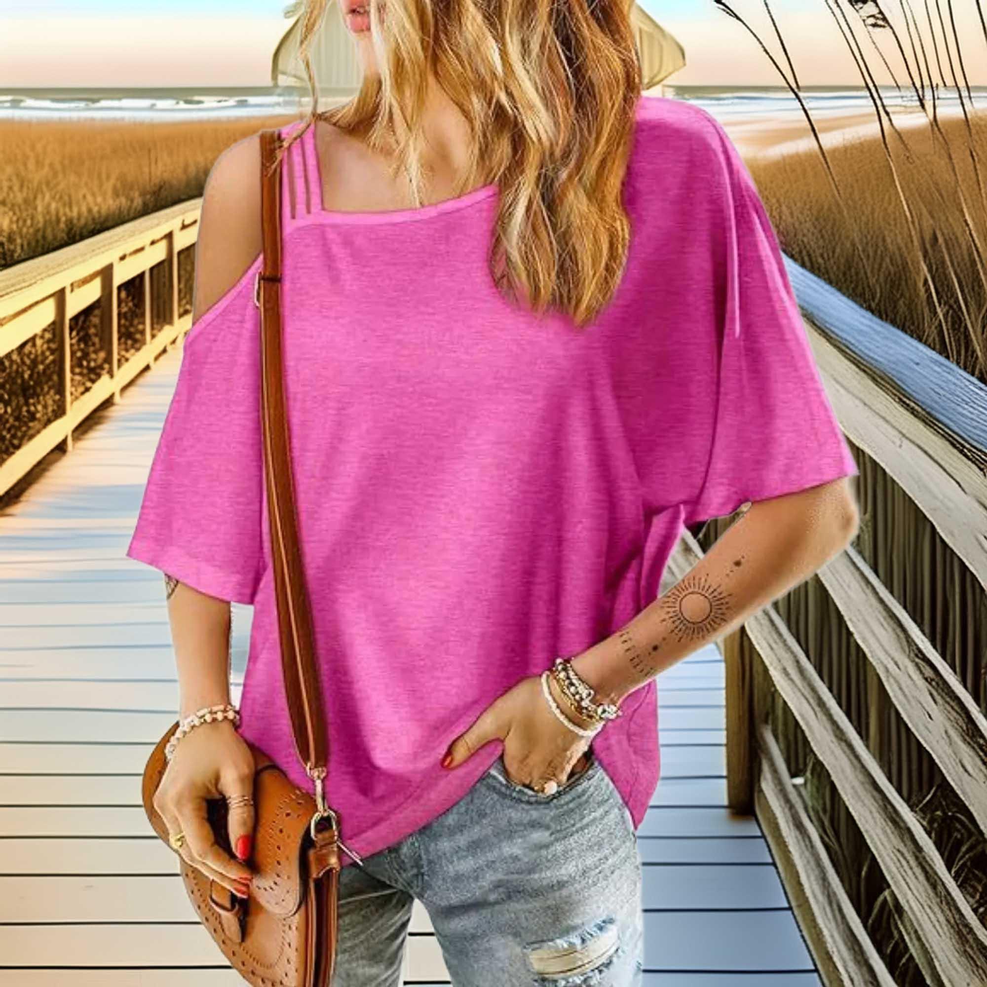 Asymmetrical Neck Half Sleeve Tee With Relaxed Fit - Southern Shores Clothing