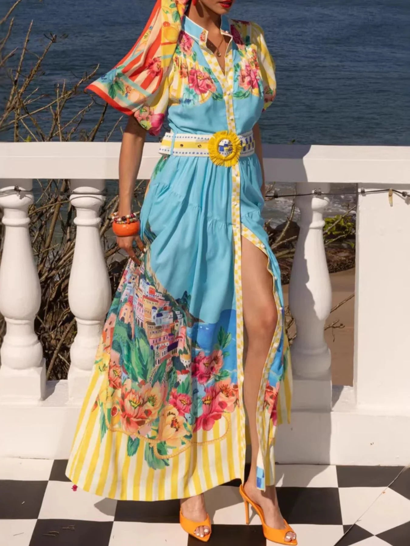 Printed Button Front Puff Sleeve Maxi Dress - Southern Shores Clothing