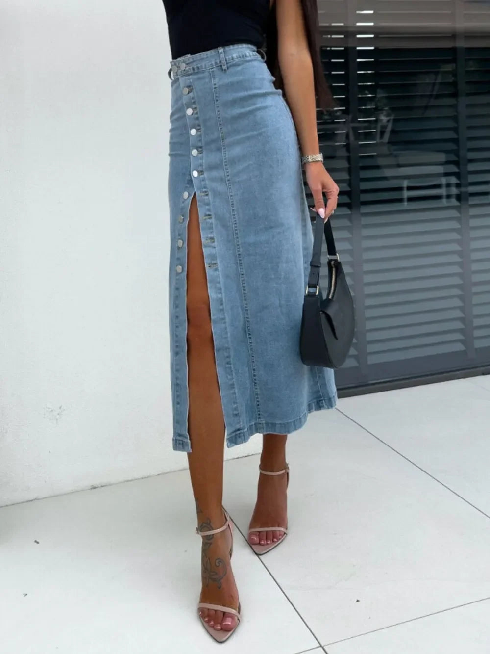 Midi Denim Skirt With Front Button Slit Style - Southern Shores Clothing