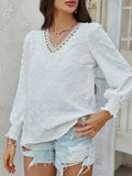 Swiss Dot Lace Detail V-Neck Long Sleeve Blouse - Southern Shores Clothing