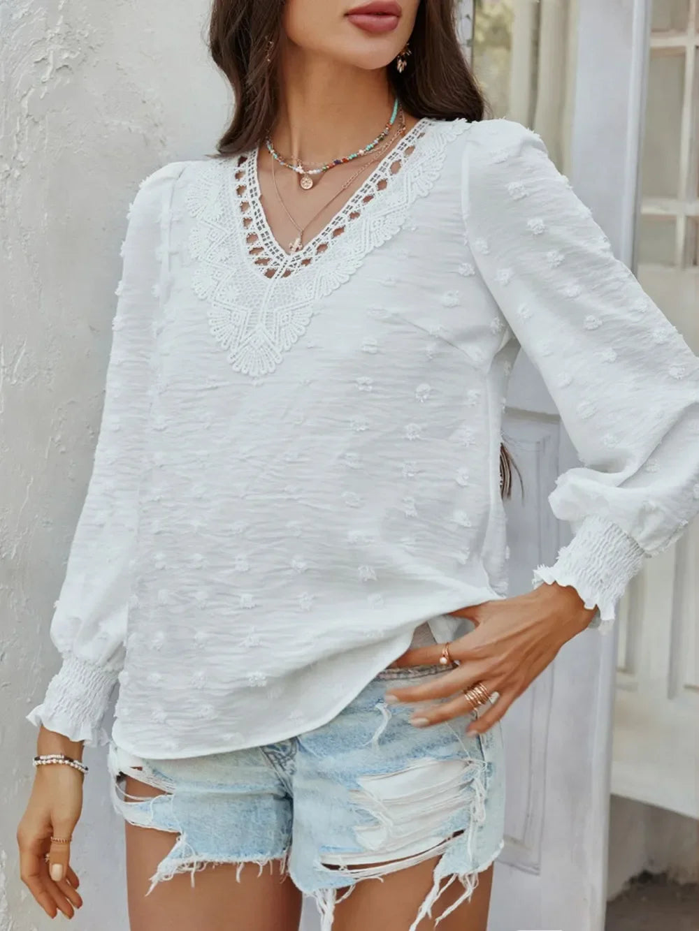 Swiss Dot Lace Detail V-Neck Long Sleeve Blouse - Southern Shores Clothing
