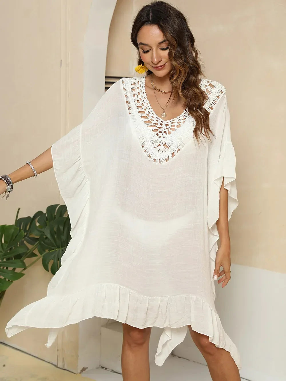 Cutout Ruffled Half Sleeve Cover Up One Size - Southern Shores Clothing