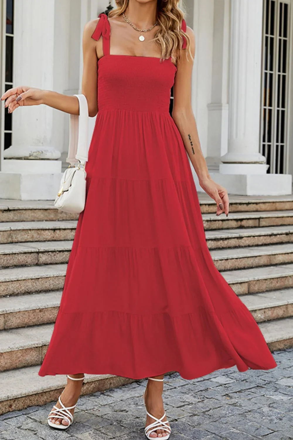 Tie Shoulder Smocked Tiered Maxi Dress Casual - Southern Shores Clothing