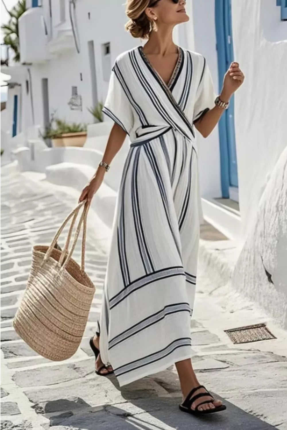 Striped Wrap Maxi Dress With Half Sleeve